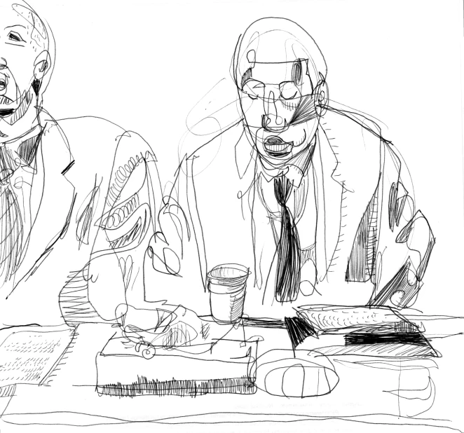 the illustration shows a man in a suit sitting next to another man