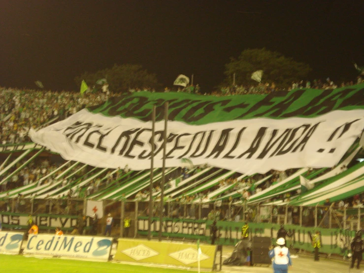 a green and white soccer flag flying at a game