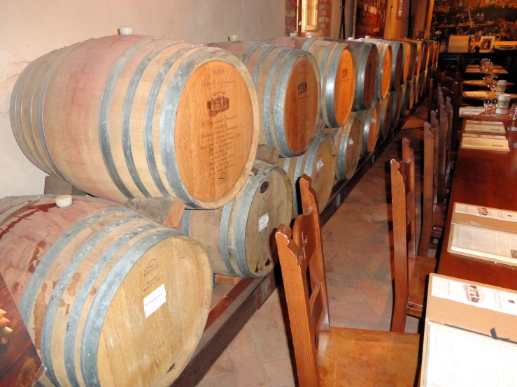 a room filled with several large barrels next to tables