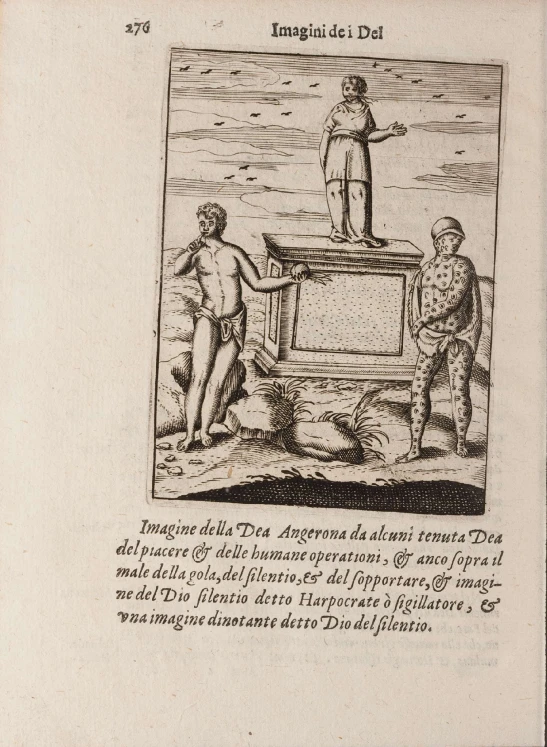 an old book page with an ink drawing of two men standing on the edge