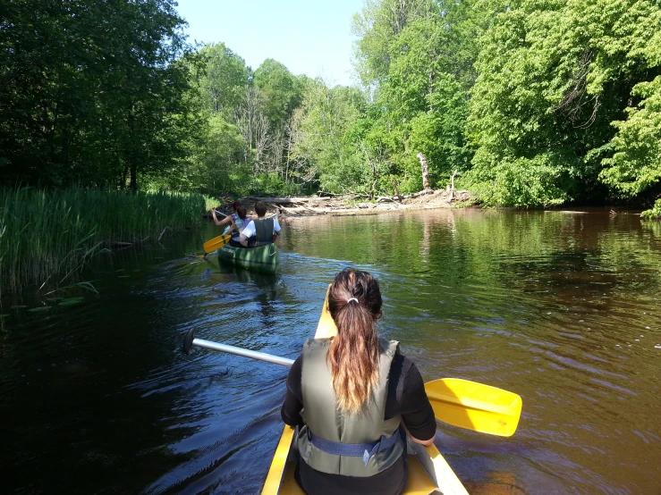 two women in canoes paddling down a river