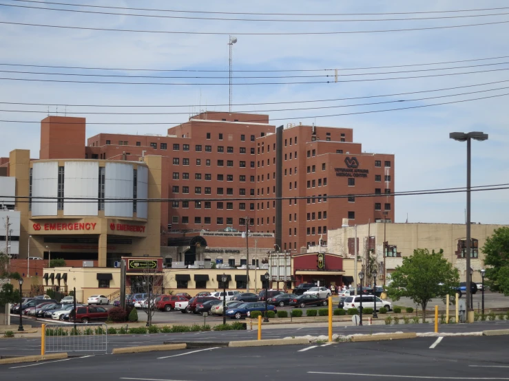 an urban scene including a parking lot, buildings and telephone wires