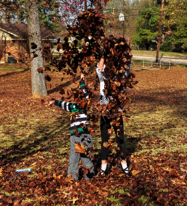 a father and son in leaves playing with a frisbee