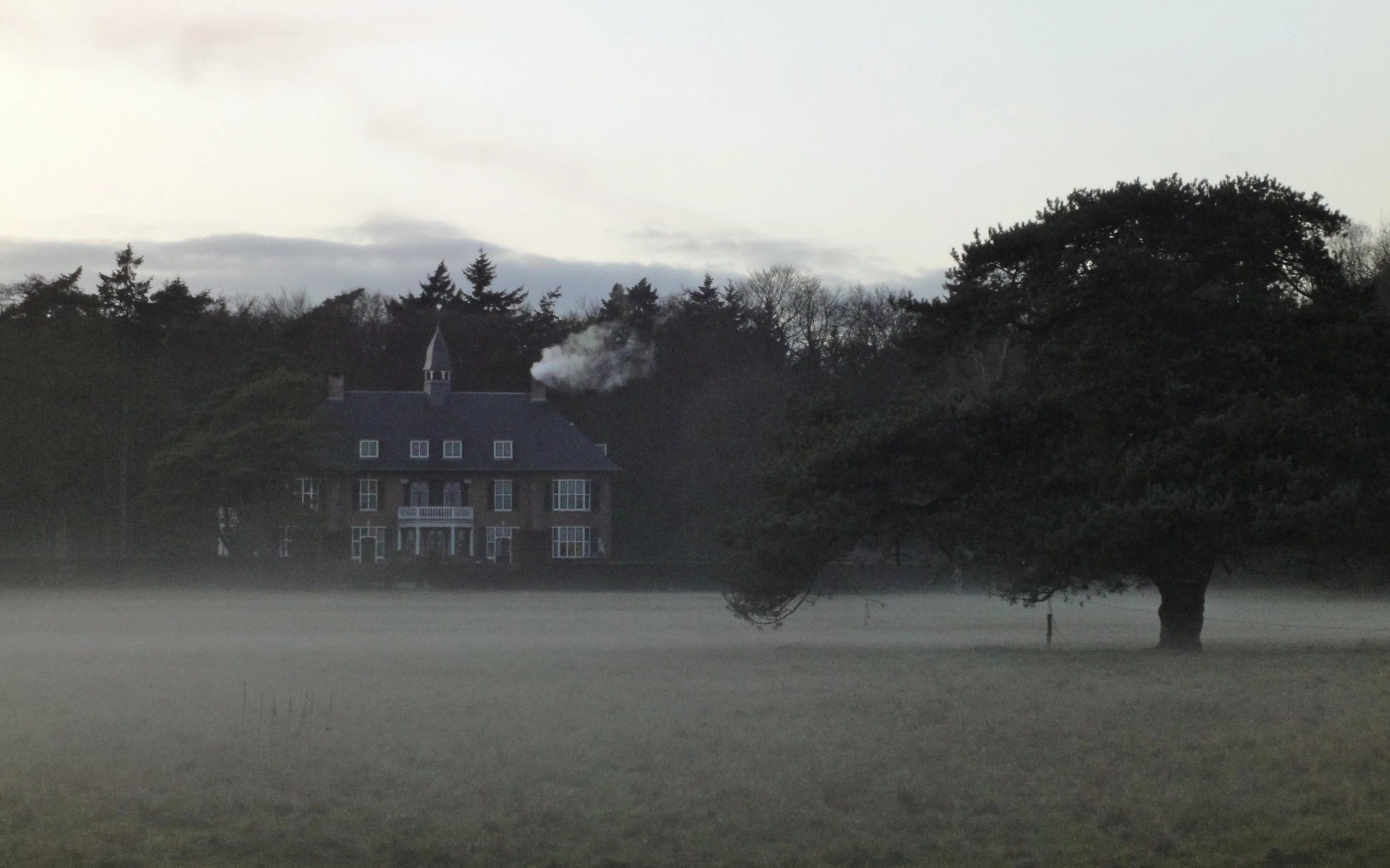 a house with trees in front and fog in the air