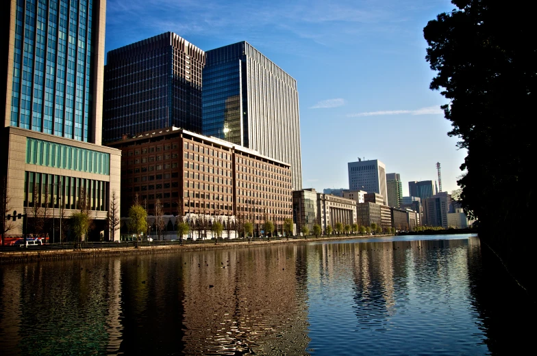 the skyline of several different city buildings reflect in the water