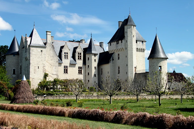 a large castle in the distance with lots of trees in front