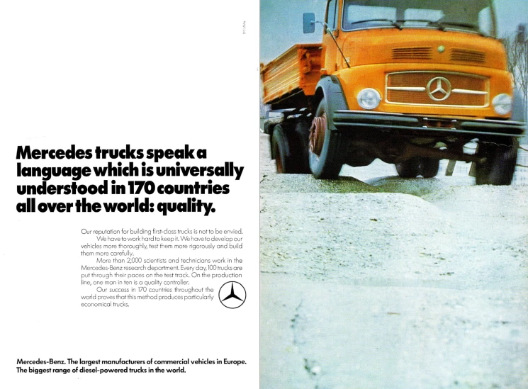 an advertit for mercedes with an image of a truck on the road