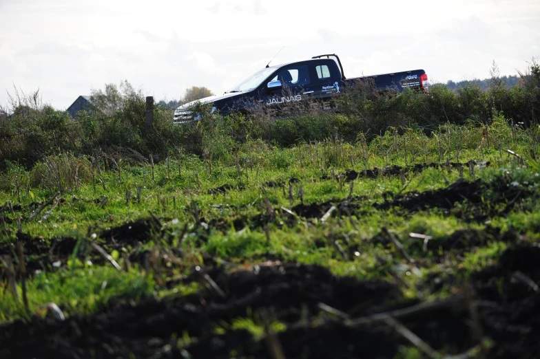 a truck is parked in a grassy field