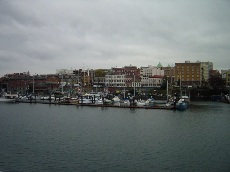 a marina with boats docked at its piers on a cloudy day