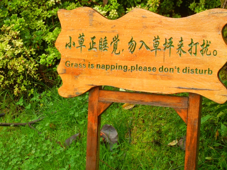 a sign in the woods with writing in asian on it