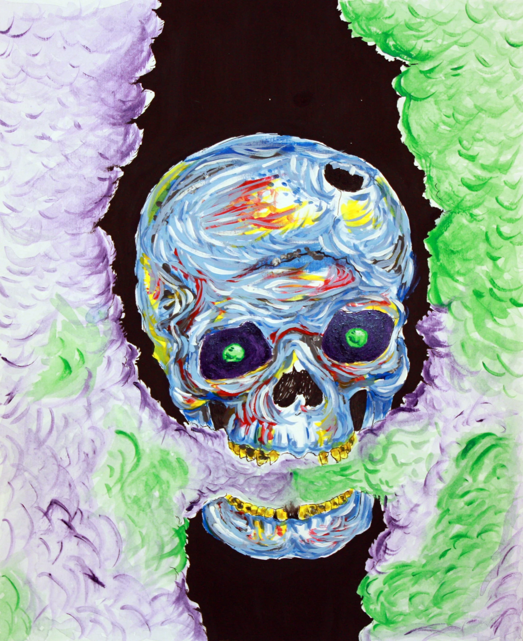 a painting of a skull behind a green bush