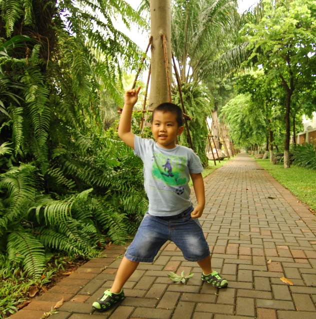 a small boy posing for the camera next to a brick road