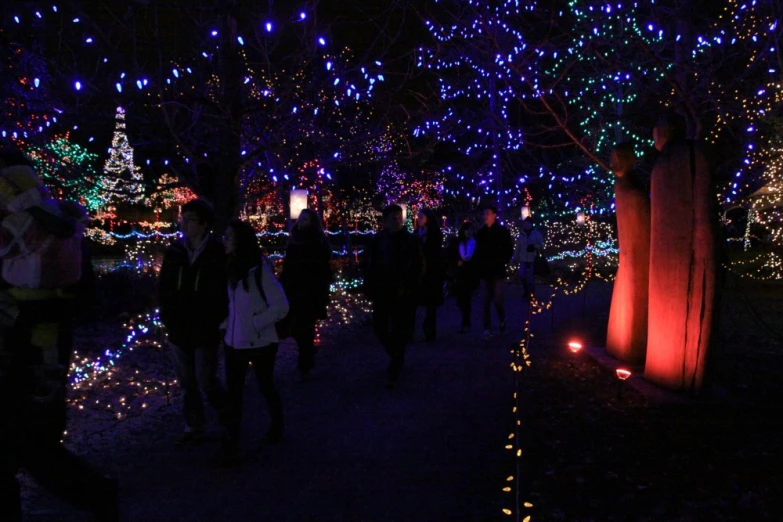 people walk around the pathway in a park illuminated with lights