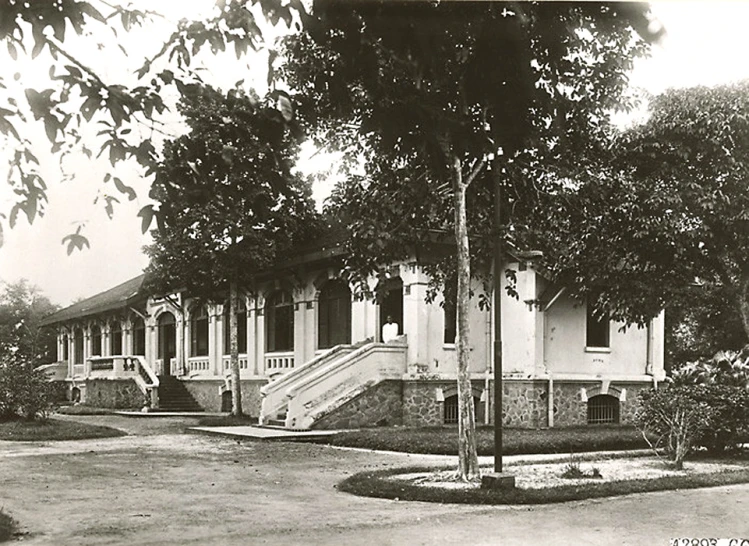 the old building has many trees in front