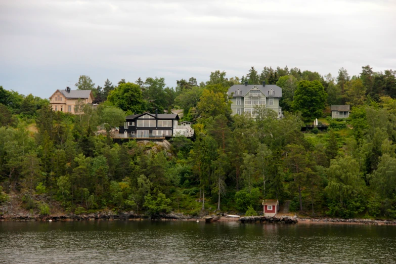 two houses sit on the edge of a wooded hillside