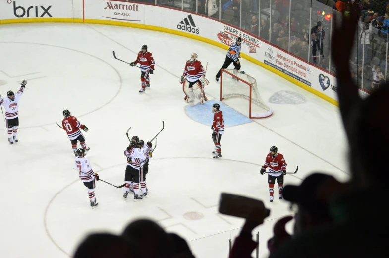 hockey game players celeting on the ice while fans watch