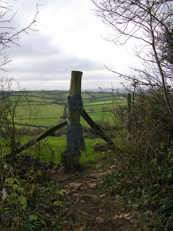 a sign post and broken fence posts at the edge of the path