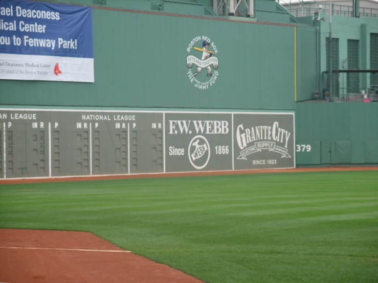 a baseball field has several large stands and signs