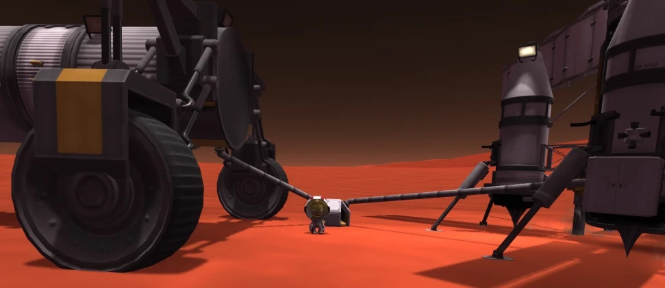a large robot with large legs on a desert area