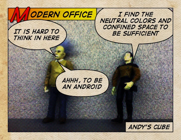 an older person has comic bubbles saying, modern office