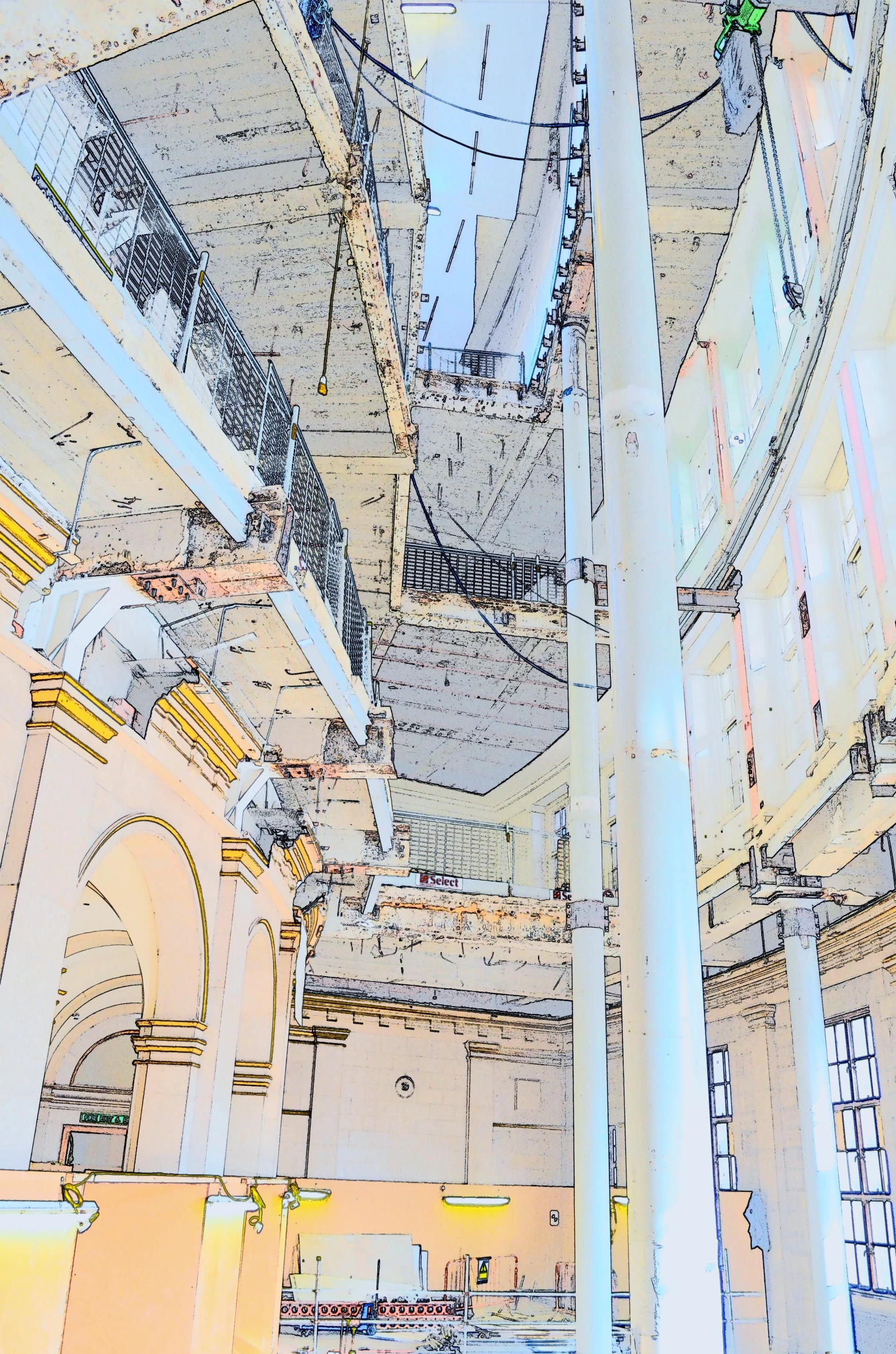 an artistic pograph of buildings that look like they are a ceiling