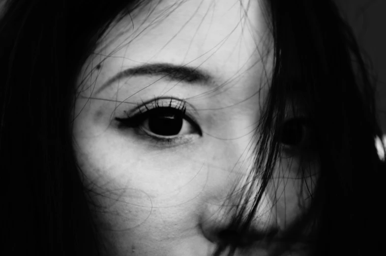 a close up view of a woman's face and eyes