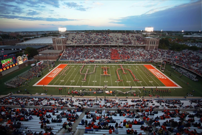 an overhead view of a stadium with a football field