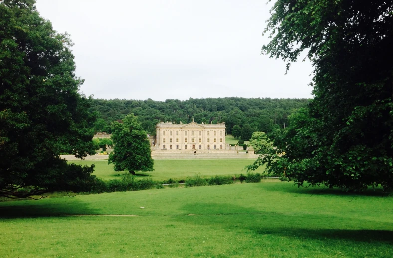 a view through trees to a building