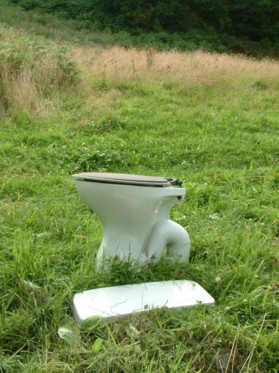 an old toilet is sitting in a field