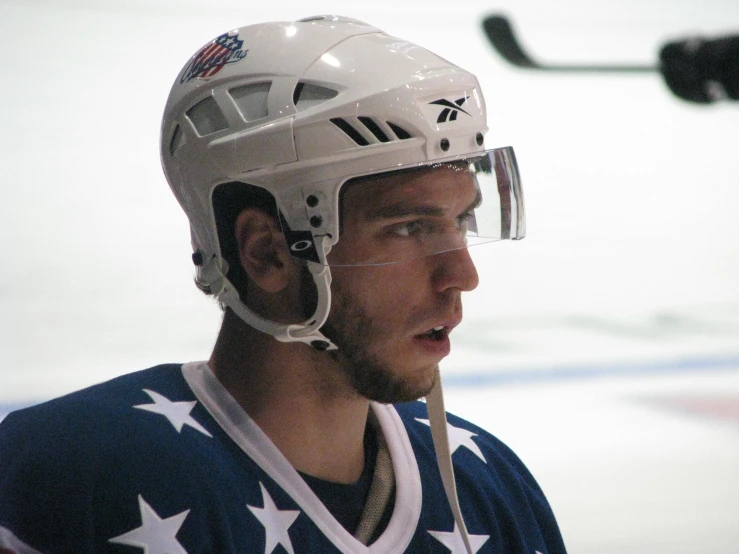 a hockey player in an american flag jersey on the ice