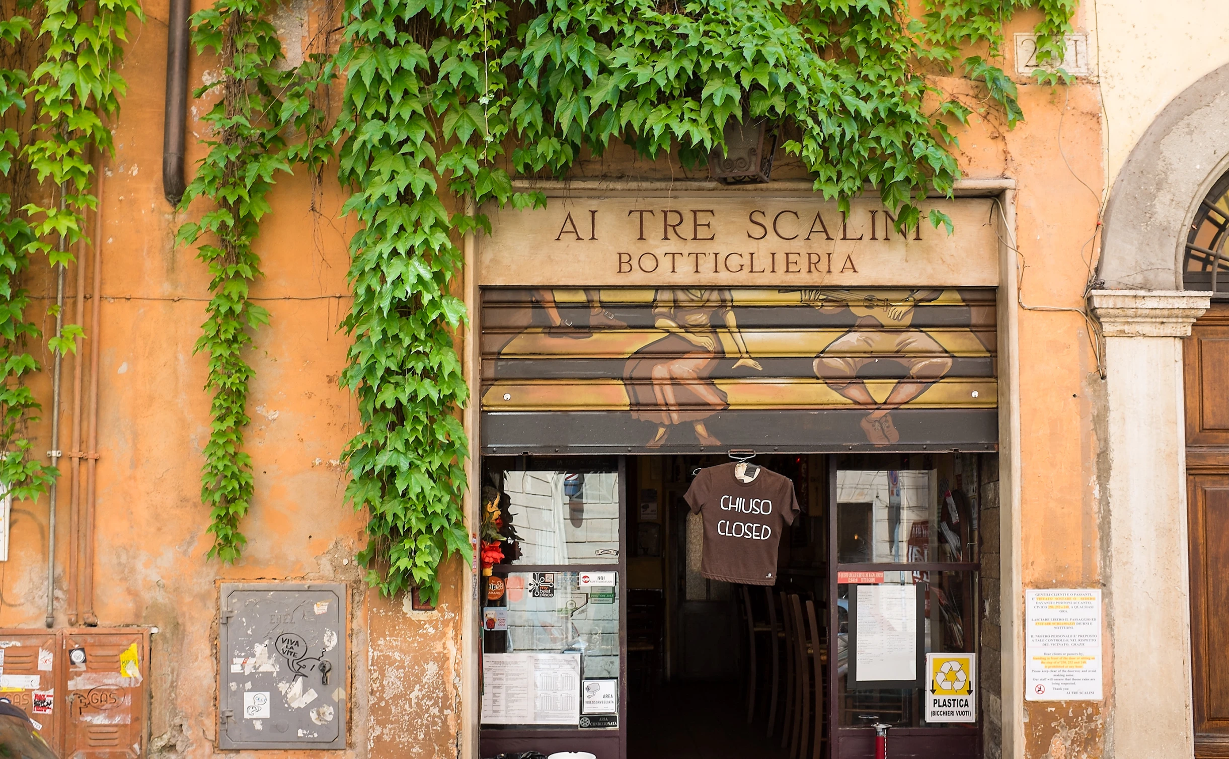 a store front that has ivy on it