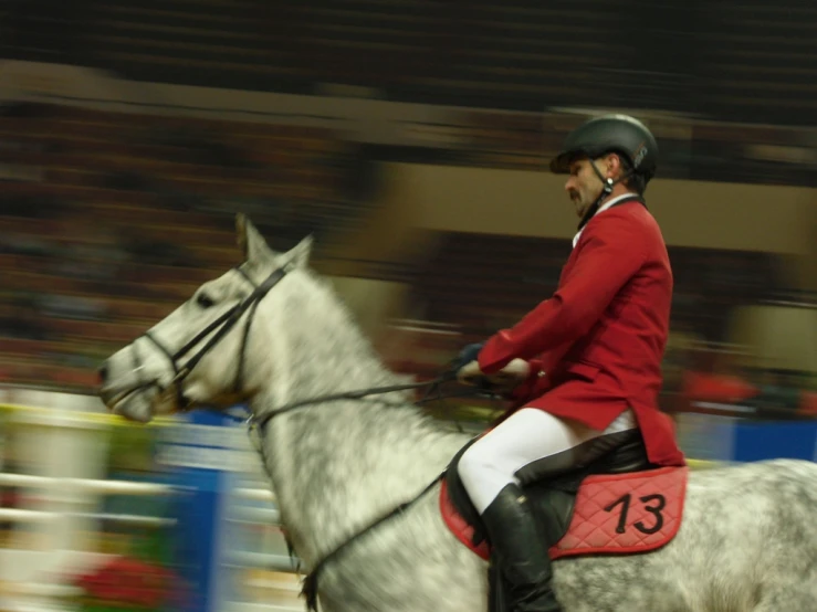 a woman in riding gear riding a horse