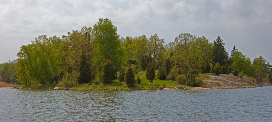 an island with trees along the edge, surrounded by water