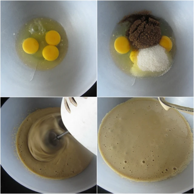 four different stages of mixing eggs and batter