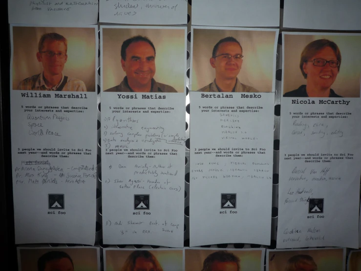 a wall of papers with faces are on display