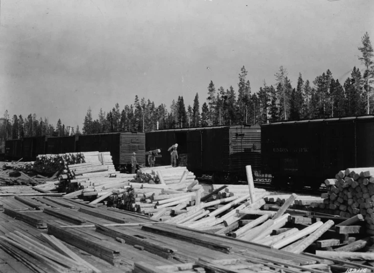 an old po of lumber and train cars