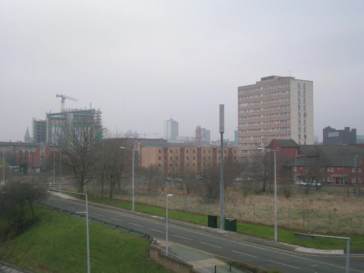 a green street next to some buildings and a road