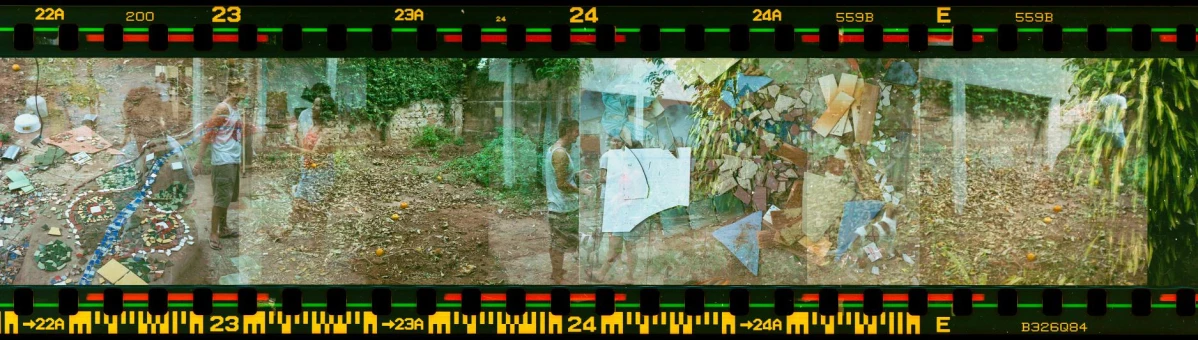 an overhead po of people and trees in a field