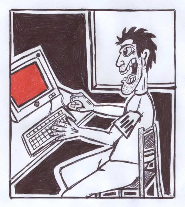 a drawing of a person working on a computer