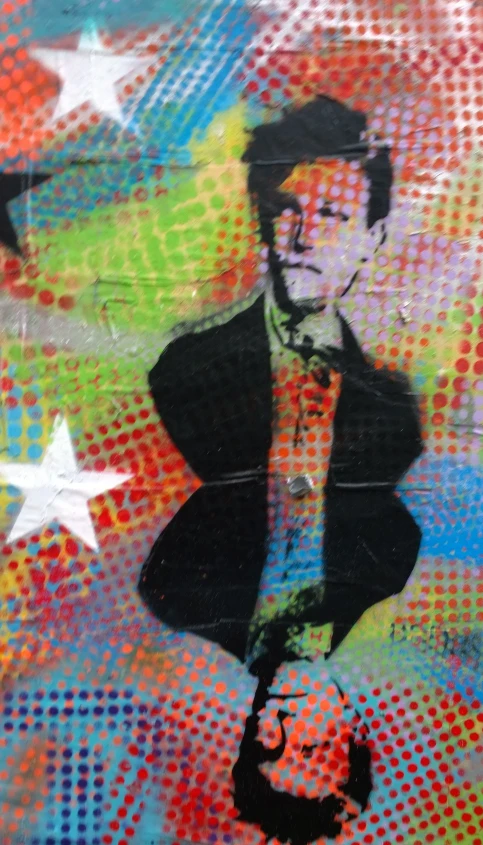 a painting of a man with stars on the side