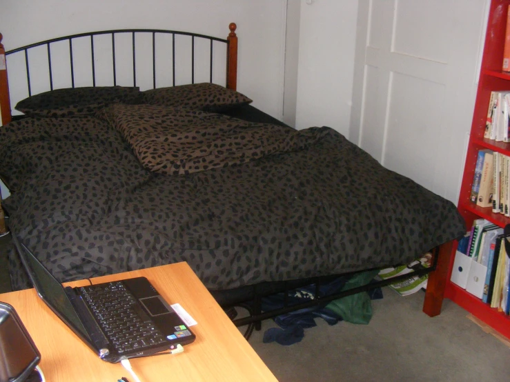 a leopard print bed spread sitting in a bedroom