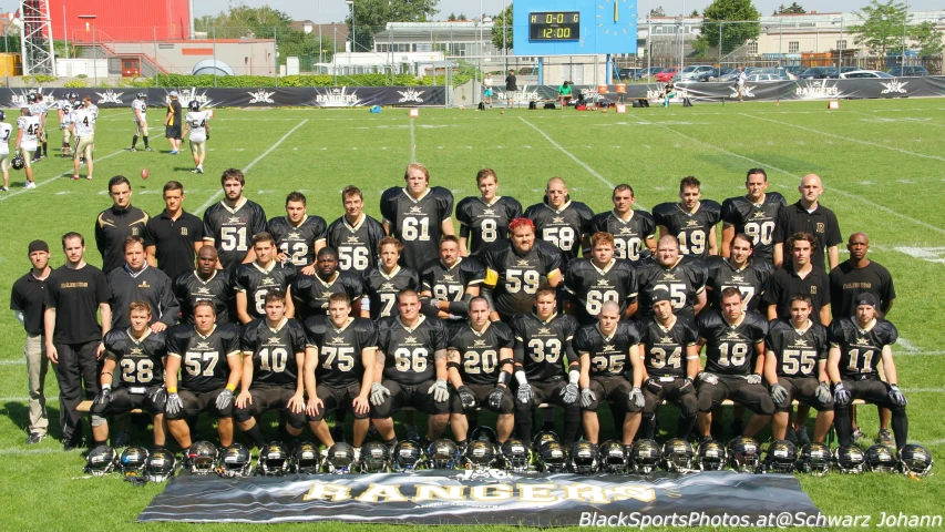 a football team with their coaches on the field