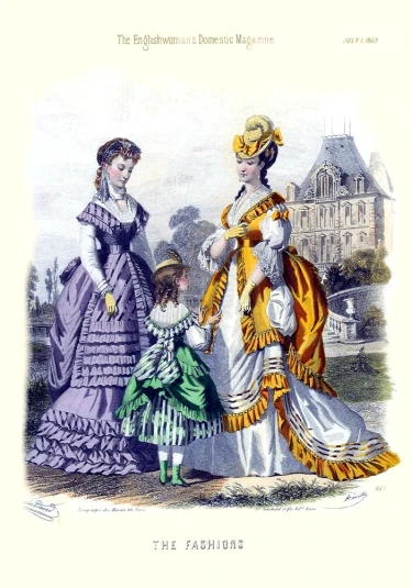 three ladies in long dresses in a field
