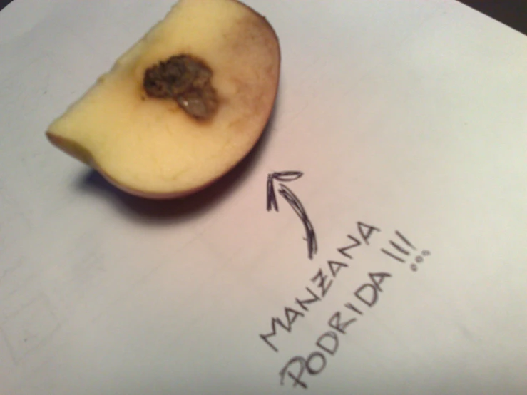 a close up of an apple on top of a piece of paper