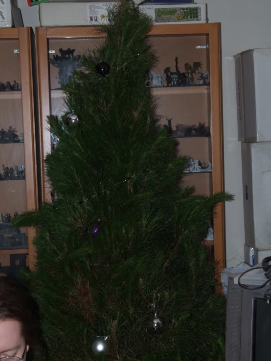 a small christmas tree is sitting in front of a shelf