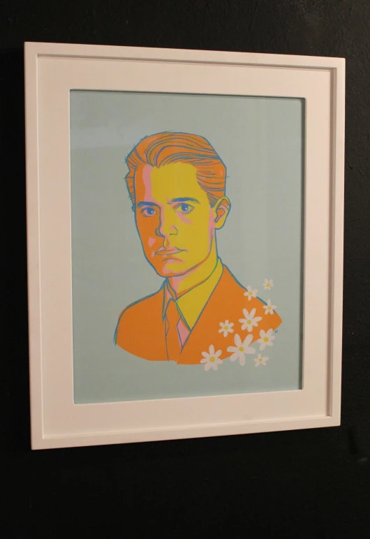 a painting of a man with orange shirt and tie