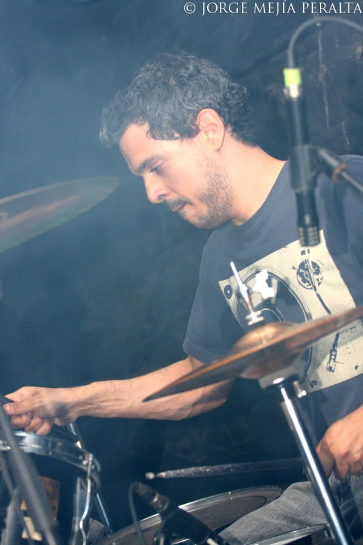 man playing drums at the drum set in a band