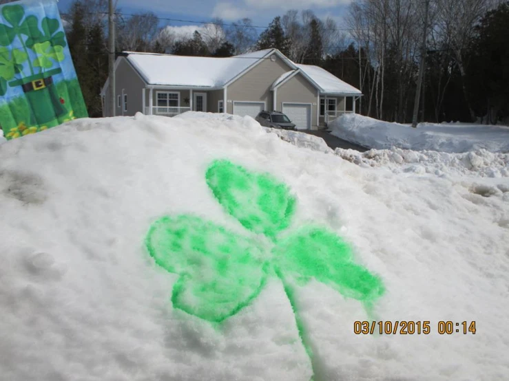 a green object that is on some snow