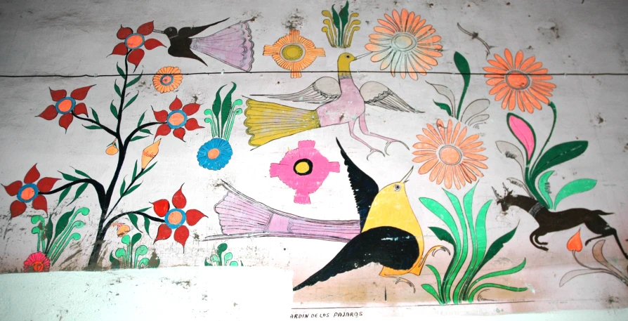 a painting with different types of flowers painted on it