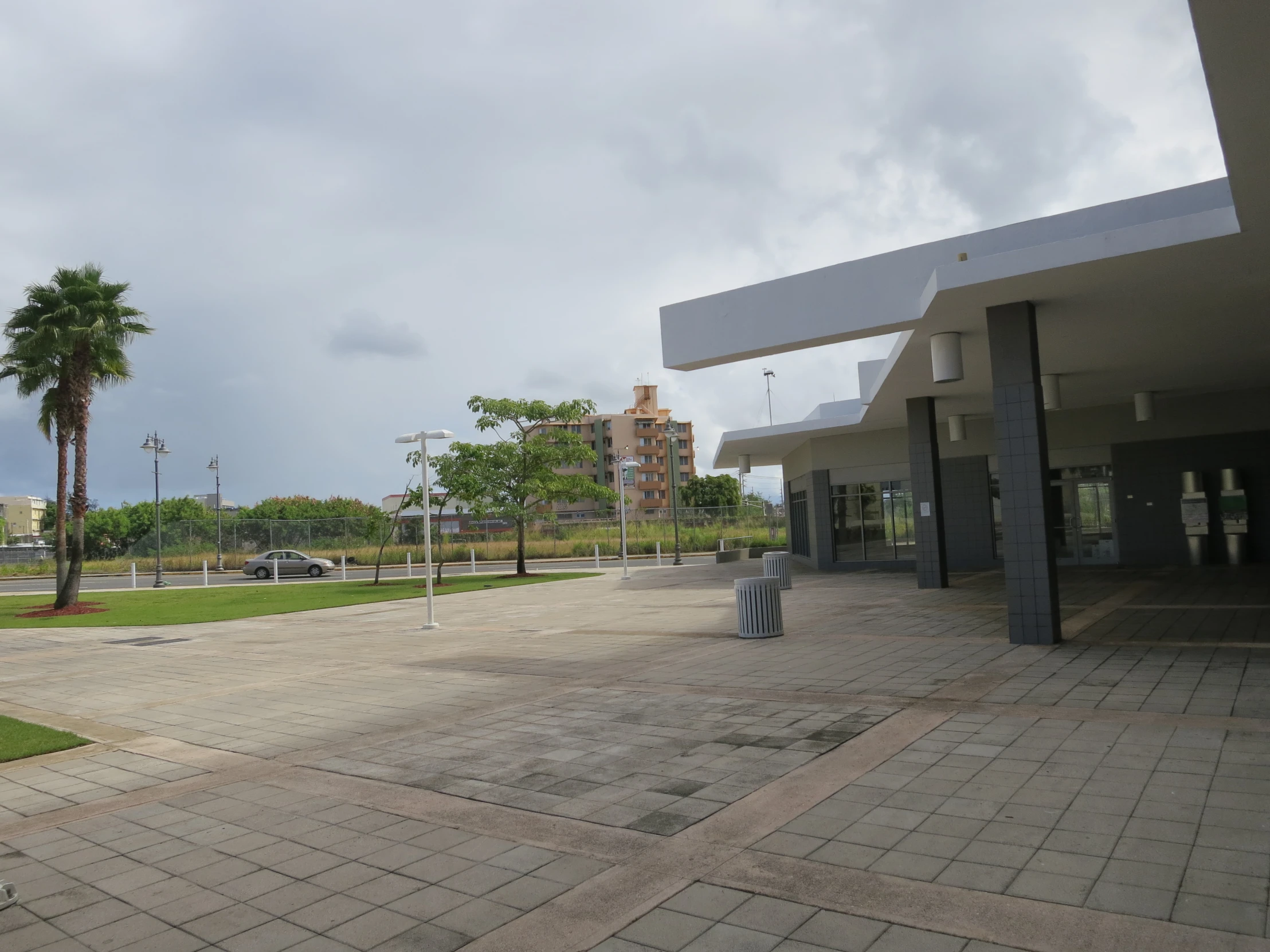 a wide, empty building with large palm trees in front